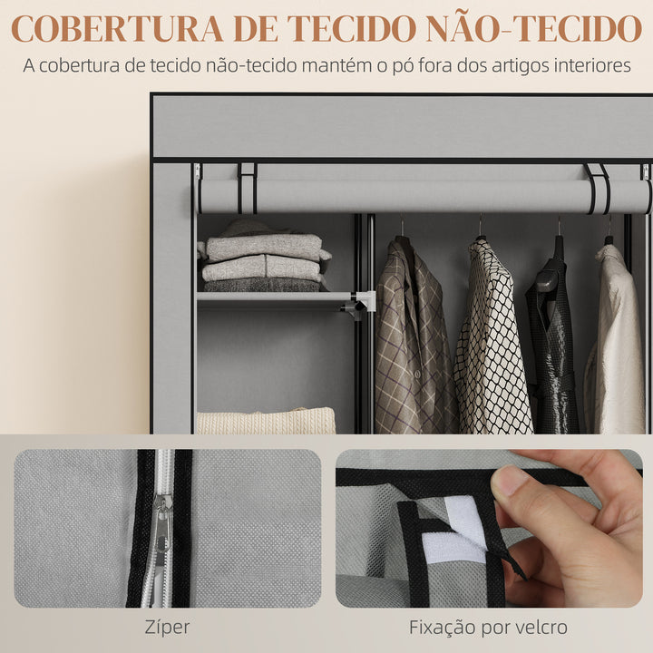 Roupeiro de Tecido Dobrável Armário de Roupa Portátil com 6 Prateleiras 1 Barra de Pendurar e Rodas para Dormitório Vestidor 103x43x162,5 cm Cinza Claro