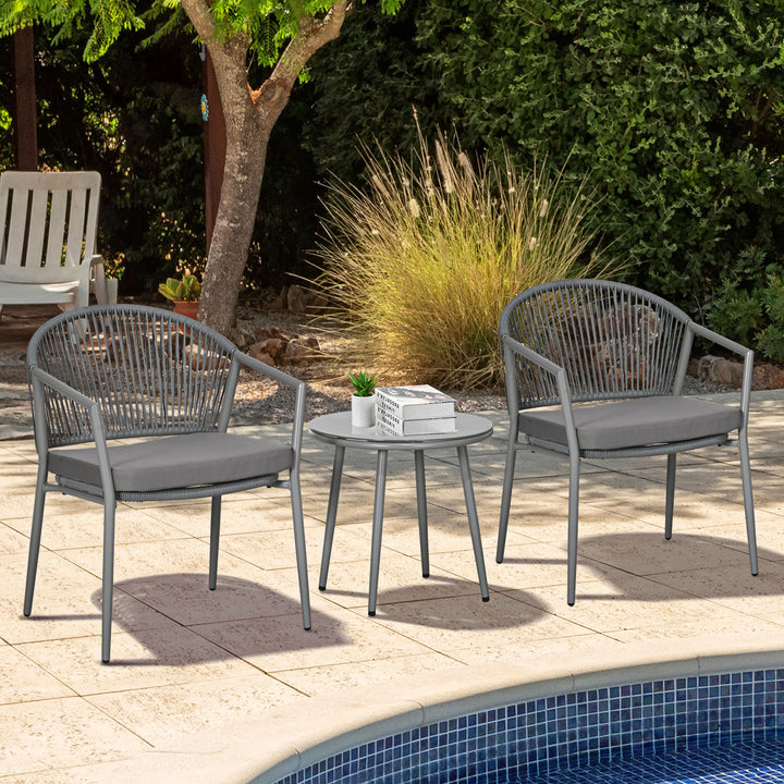 Conjunto de Jardim Exterior de 3 Peças Conjunto de 2 Cadeiras e Mesa de Vime com Almofadas Acolchoadas e Bancada de Vidro para Varanda Terraço Cinza