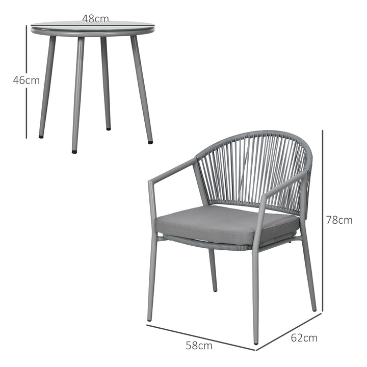 Conjunto de Jardim Exterior de 3 Peças Conjunto de 2 Cadeiras e Mesa de Vime com Almofadas Acolchoadas e Bancada de Vidro para Varanda Terraço Cinza