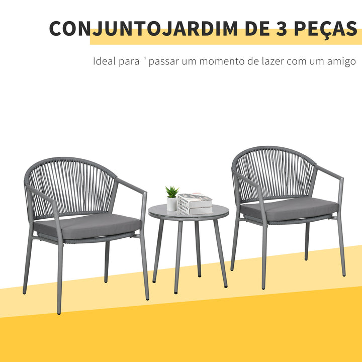 Conjunto de Jardim Exterior de 3 Peças Conjunto de 2 Cadeiras e Mesa de Vime com Almofadas Acolchoadas e Bancada de Vidro para Varanda Terraço Cinza