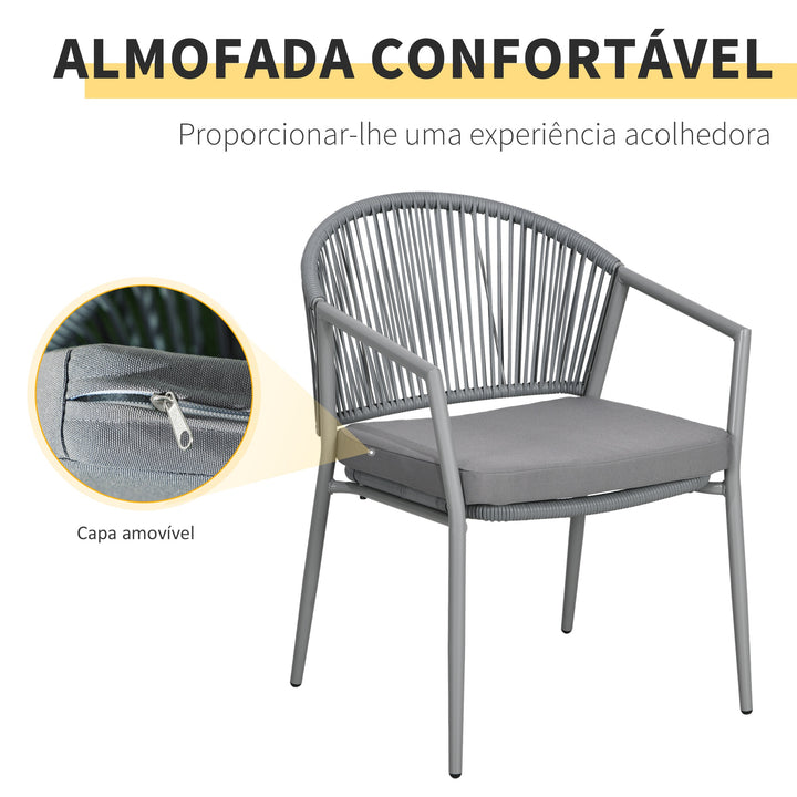 Conjunto de Jardim Exterior de 3 Peças Conjunto de 2 Cadeiras e Mesa de Vime com Almofadas Acolchoadas e Bancada de Vidro para Varanda Terraço Cinza