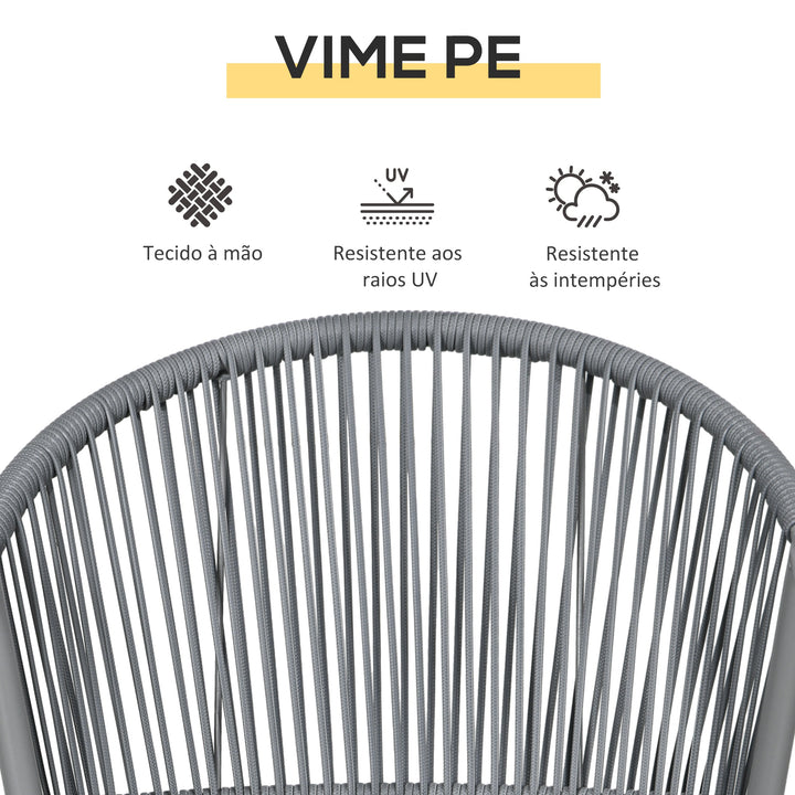 Conjunto de Jardim Exterior de 3 Peças Conjunto de 2 Cadeiras e Mesa de Vime com Almofadas Acolchoadas e Bancada de Vidro para Varanda Terraço Cinza