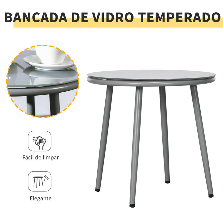 Conjunto de Jardim Exterior de 3 Peças Conjunto de 2 Cadeiras e Mesa de Vime com Almofadas Acolchoadas e Bancada de Vidro para Varanda Terraço Cinza