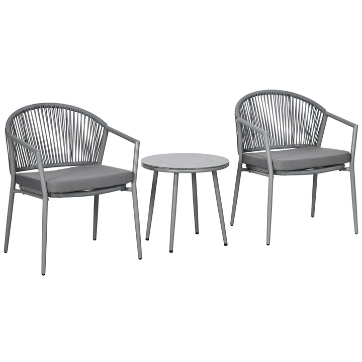 Conjunto de Jardim Exterior de 3 Peças Conjunto de 2 Cadeiras e Mesa de Vime com Almofadas Acolchoadas e Bancada de Vidro para Varanda Terraço Cinza