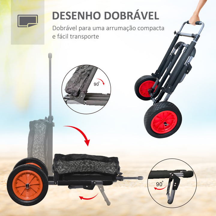 Carrinho de Praia Dobrável Carrinho de Transporte com Grandes Rodas de 30 cm Todo-o-Terreno com Bolso em Rede e Punho Telescópico de Alumínio para Jardim Campismo Compras Carga 150 kg Cinzento