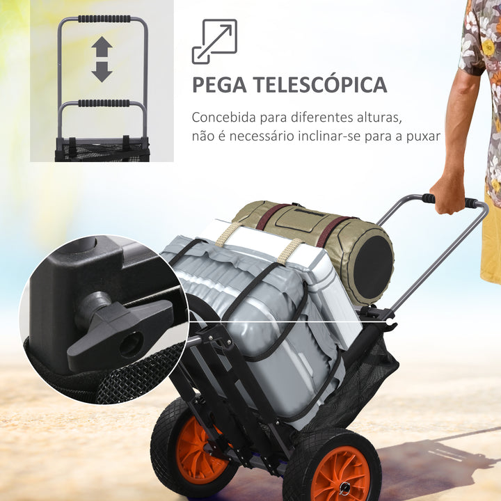 Carrinho de Praia Dobrável Carrinho de Transporte com Grandes Rodas de 30 cm Todo-o-Terreno com Bolso em Rede e Punho Telescópico de Alumínio para Jardim Campismo Compras Carga 150 kg Cinzento