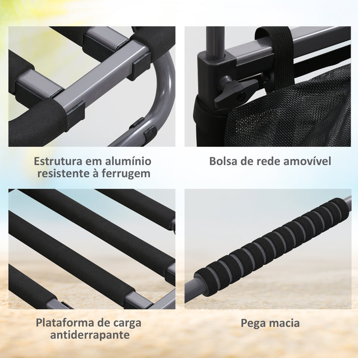 Carrinho de Praia Dobrável Carrinho de Transporte com Grandes Rodas de 30 cm Todo-o-Terreno com Bolso em Rede e Punho Telescópico de Alumínio para Jardim Campismo Compras Carga 150 kg Cinzento
