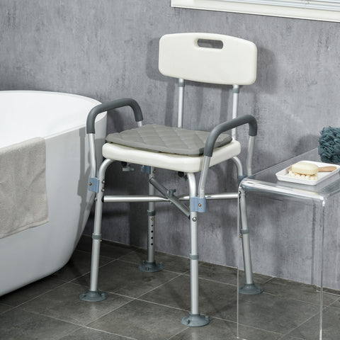 Cadeira de Duche para Idosos com Encosto Apoios de Braço Altura Ajustável Almofada Acolchoada Removível Carga 136 kg para Idosos e Pessoas com Deficiência 53,5x52x80-90 cm Branco