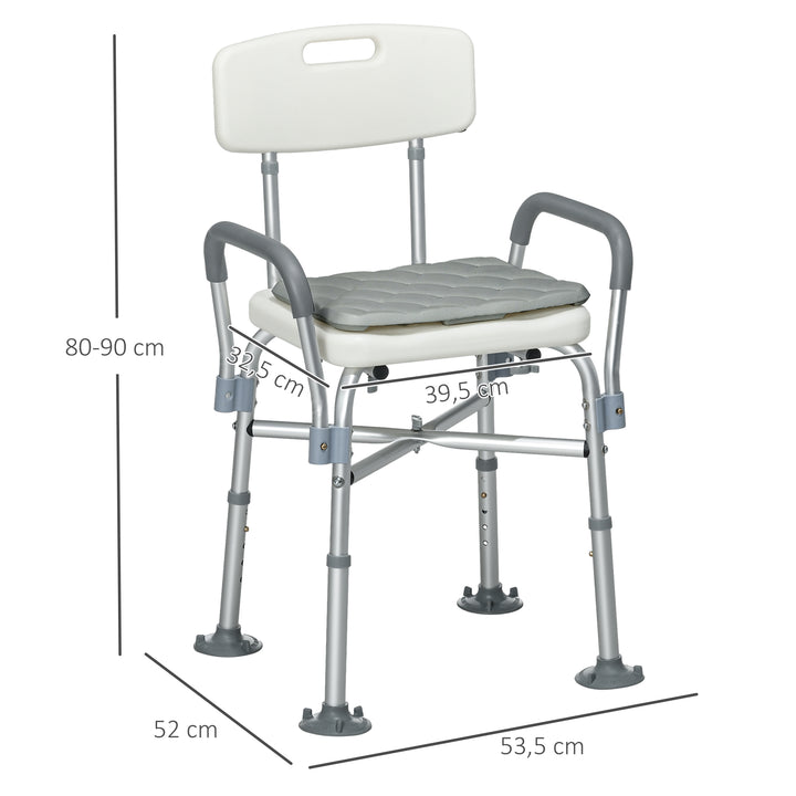 Cadeira de Duche para Idosos com Encosto Apoios de Braço Altura Ajustável Almofada Acolchoada Removível Carga 136 kg para Idosos e Pessoas com Deficiência 53,5x52x80-90 cm Branco