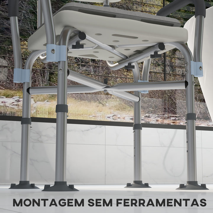 Cadeira de Duche para Idosos com Encosto Apoios de Braço Altura Ajustável Almofada Acolchoada Removível Carga 136 kg para Idosos e Pessoas com Deficiência 53,5x52x80-90 cm Branco