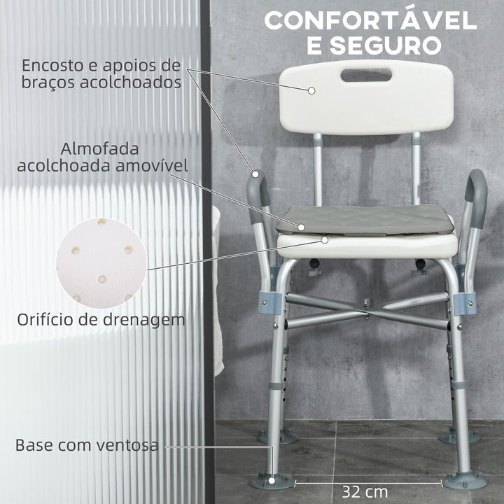Cadeira de Duche para Idosos com Encosto Apoios de Braço Altura Ajustável Almofada Acolchoada Removível Carga 136 kg para Idosos e Pessoas com Deficiência 53,5x52x80-90 cm Branco
