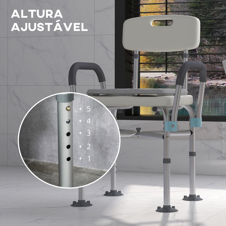 Cadeira de Duche para Idosos com Encosto Apoios de Braço Altura Ajustável Almofada Acolchoada Removível Carga 136 kg para Idosos e Pessoas com Deficiência 53,5x52x80-90 cm Branco