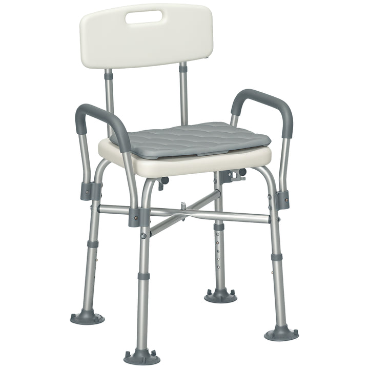 Cadeira de Duche para Idosos com Encosto Apoios de Braço Altura Ajustável Almofada Acolchoada Removível Carga 136 kg para Idosos e Pessoas com Deficiência 53,5x52x80-90 cm Branco