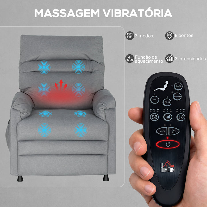 Poltrona de Massagem com Aquecimento Lombar e Massagem por Vibração Poltrona Relax Reclinável Elétrica Motor Silencioso Função de Memória Bolsos Laterais e Controlo Remoto 82x99x106 cm Cinzento