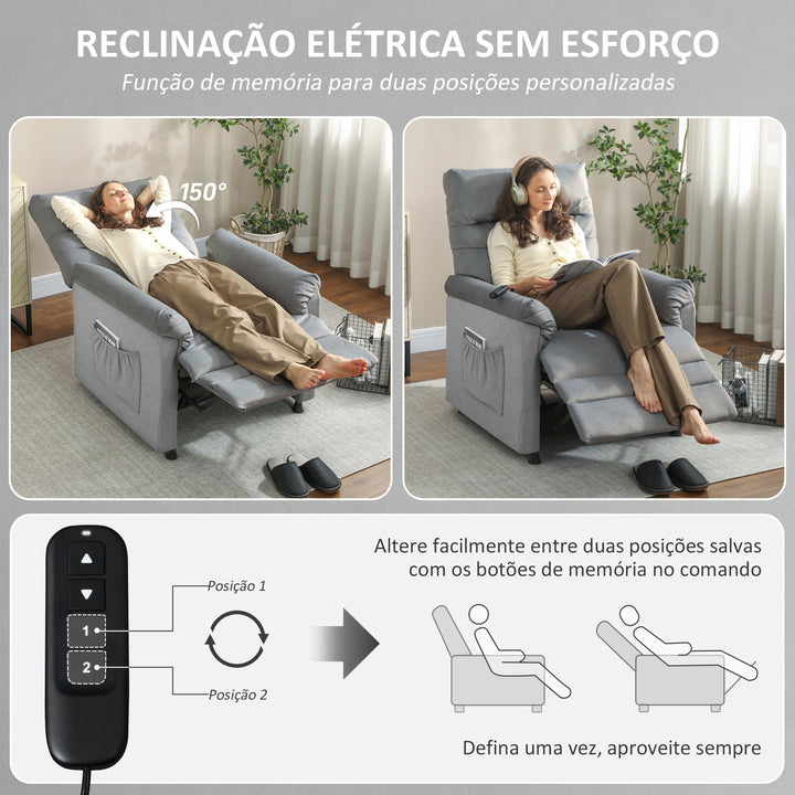 Poltrona de Massagem com Aquecimento Lombar e Massagem por Vibração Poltrona Relax Reclinável Elétrica Motor Silencioso Função de Memória Bolsos Laterais e Controlo Remoto 82x99x106 cm Cinzento