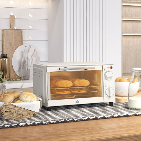 Mini Forno Elétrico 9L Forno Elétrico de Bancada 750W com Temperatura Ajustável até 230°C Temporizador 60 min e Bandeja para Assar Grelha 35x24,6x20 cm Creme