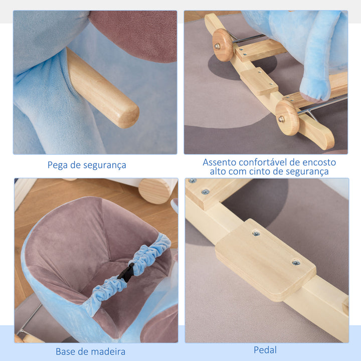 Cavalo Baloiço com Rodas e Forma de Elefante Cavalo Baloiço para Bebés acima de 18 Meses com Músicas Infantis e Cinto de Segurança Carga Máxima 60 kg 60x35x45 cm Azul