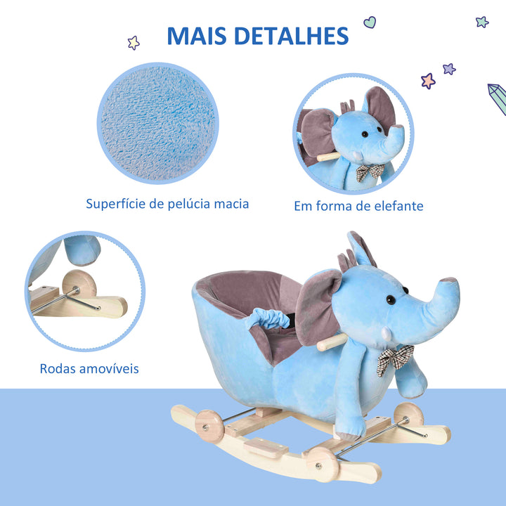 Cavalo Baloiço com Rodas e Forma de Elefante Cavalo Baloiço para Bebés acima de 18 Meses com Músicas Infantis e Cinto de Segurança Carga Máxima 60 kg 60x35x45 cm Azul