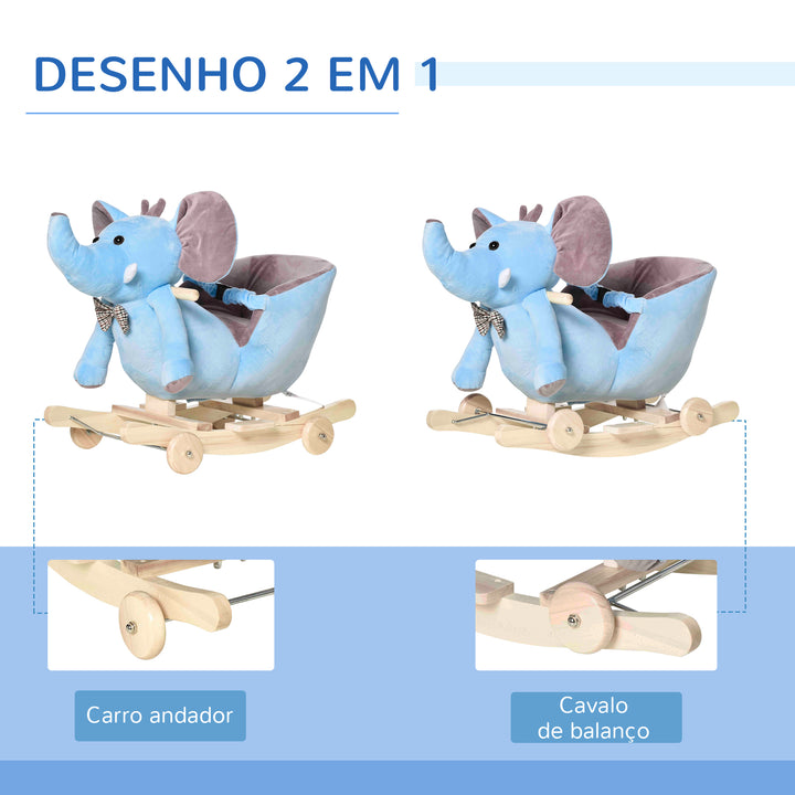 Cavalo Baloiço com Rodas e Forma de Elefante Cavalo Baloiço para Bebés acima de 18 Meses com Músicas Infantis e Cinto de Segurança Carga Máxima 60 kg 60x35x45 cm Azul