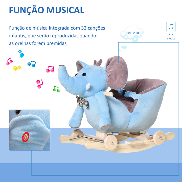 Cavalo Baloiço com Rodas e Forma de Elefante Cavalo Baloiço para Bebés acima de 18 Meses com Músicas Infantis e Cinto de Segurança Carga Máxima 60 kg 60x35x45 cm Azul