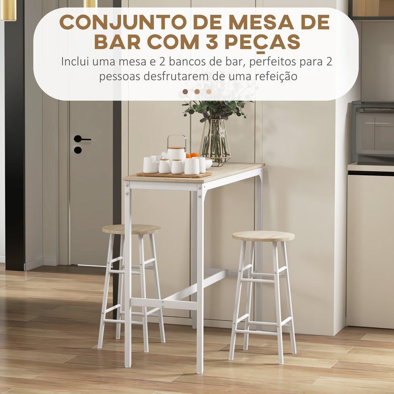 Conjunto de Mesa Alta de Bar com 2 Bancos Mesa Alta de Cozinha com Bancos Estrutura em Aço Mesa Alta Estilo Industrial para Sala de Jantar Natural e Branco