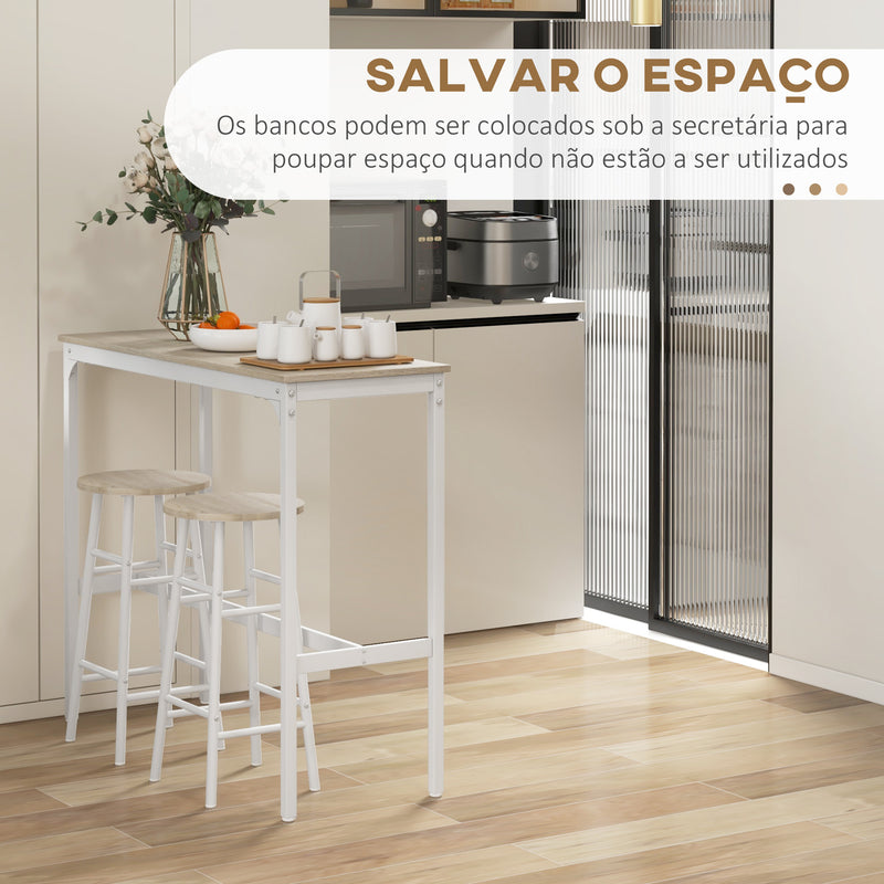 Conjunto de Mesa Alta de Bar com 2 Bancos Mesa Alta de Cozinha com Bancos Estrutura em Aço Mesa Alta Estilo Industrial para Sala de Jantar Natural e Branco