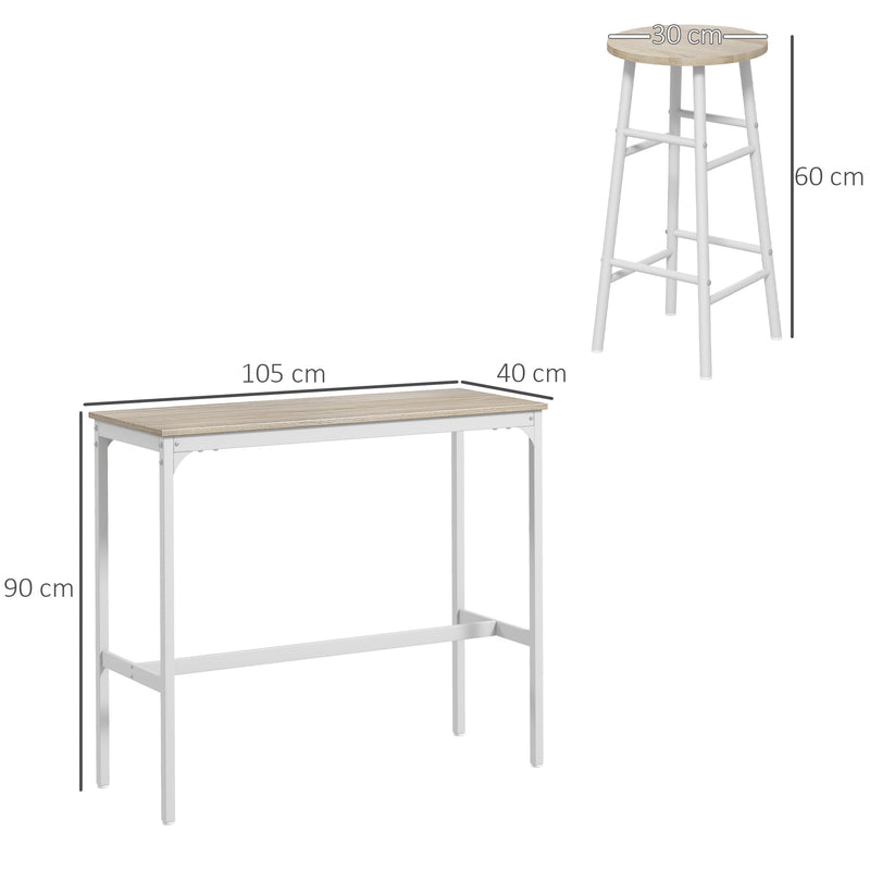 Conjunto de Mesa Alta de Bar com 2 Bancos Mesa Alta de Cozinha com Bancos Estrutura em Aço Mesa Alta Estilo Industrial para Sala de Jantar Natural e Branco