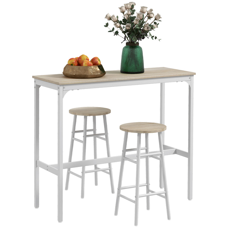 Conjunto de Mesa Alta de Bar com 2 Bancos Mesa Alta de Cozinha com Bancos Estrutura em Aço Mesa Alta Estilo Industrial para Sala de Jantar Natural e Branco