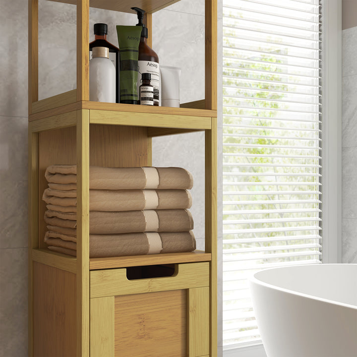 Coluna Casa de Banho com 3 Prateleiras e 2 Gavetas Armário Alto para Casa de banho Estilo Moderno 30x30x144,3 cm Madeira