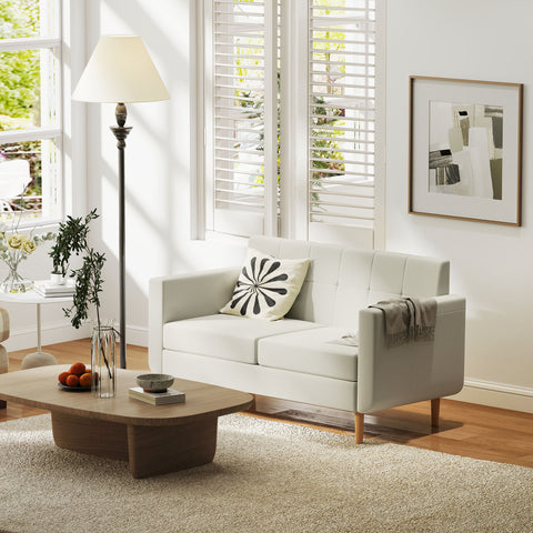 Sofá de 2 Lugares Sofá Estofado em Linho Sintético Sofá Sala de Estar com Apoio para os Braços e Pés de Madeira Sofá Pequeno Carga 250 kg 138,5x70x75 cm Creme