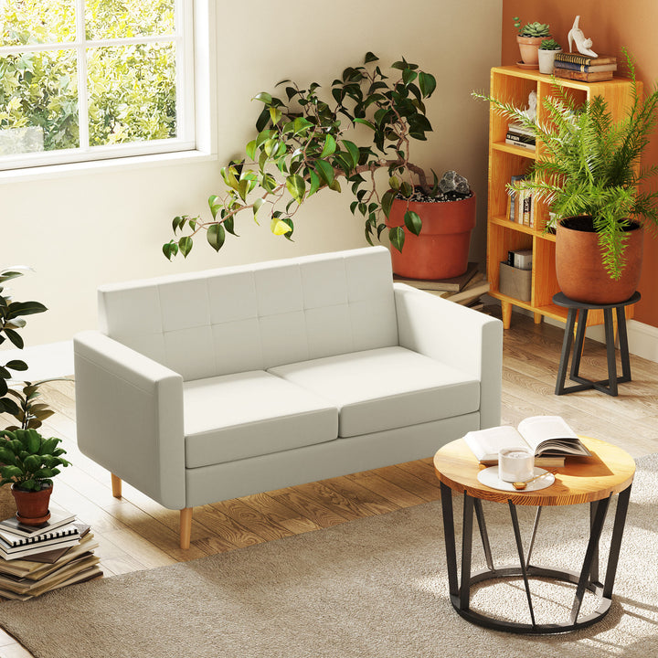 Sofá de 2 Lugares Sofá Estofado em Linho Sintético Sofá Sala de Estar com Apoio para os Braços e Pés de Madeira Sofá Pequeno Carga 250 kg 138,5x70x75 cm Creme