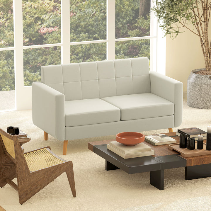 Sofá de 2 Lugares Sofá Estofado em Linho Sintético Sofá Sala de Estar com Apoio para os Braços e Pés de Madeira Sofá Pequeno Carga 250 kg 138,5x70x75 cm Creme