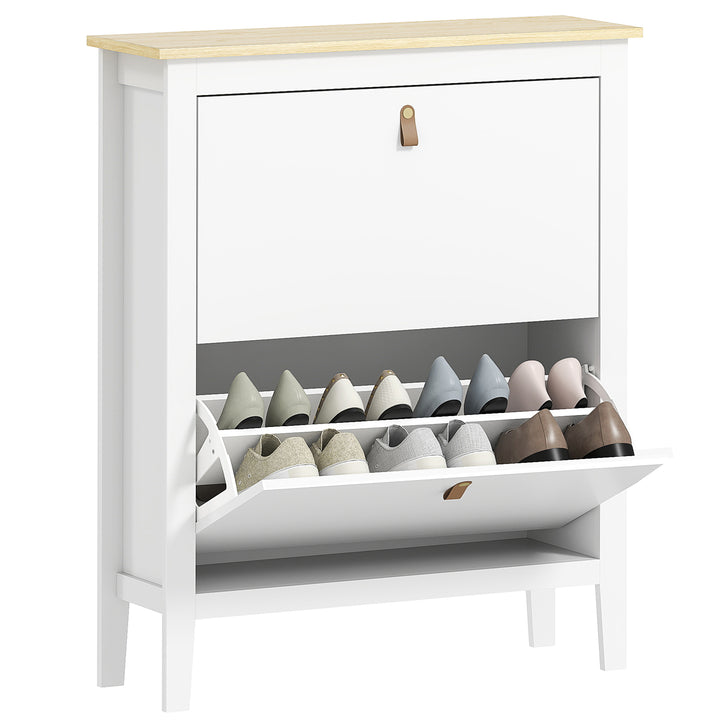 Sapateira Estreita Móvel Sapateira para Entrada com 2 Gavetas Abatíveis Prateleiras Ajustáveis e Puxadores em PU para 14 Pares de Sapatos para Corredor 80x24x95,5 cm Branco