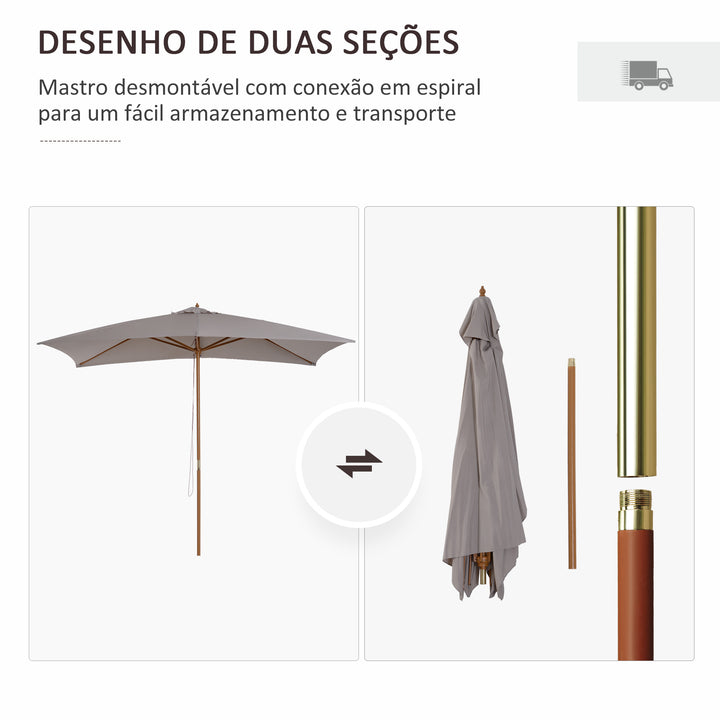 Chapéu de Sol de Jardim com Sistema de Polia Teto Ventilado e Mastro de Madeira para Terraço Pátio Exterior 2,95x2x2,55m Cinzento