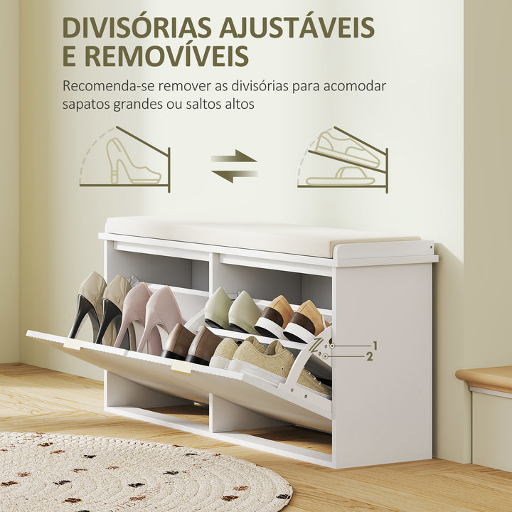 Banco Sapateira Móvel Sapateira Estreito Banco de Entrada com Assento Estofado 2 Caixas Rebatível e Painel de Ripas para Entrada Quarto Sala de Estar 104x26x47,5 cm Branco