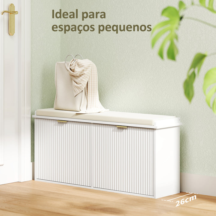 Banco Sapateira Móvel Sapateira Estreito Banco de Entrada com Assento Estofado 2 Caixas Rebatível e Painel de Ripas para Entrada Quarto Sala de Estar 104x26x47,5 cm Branco