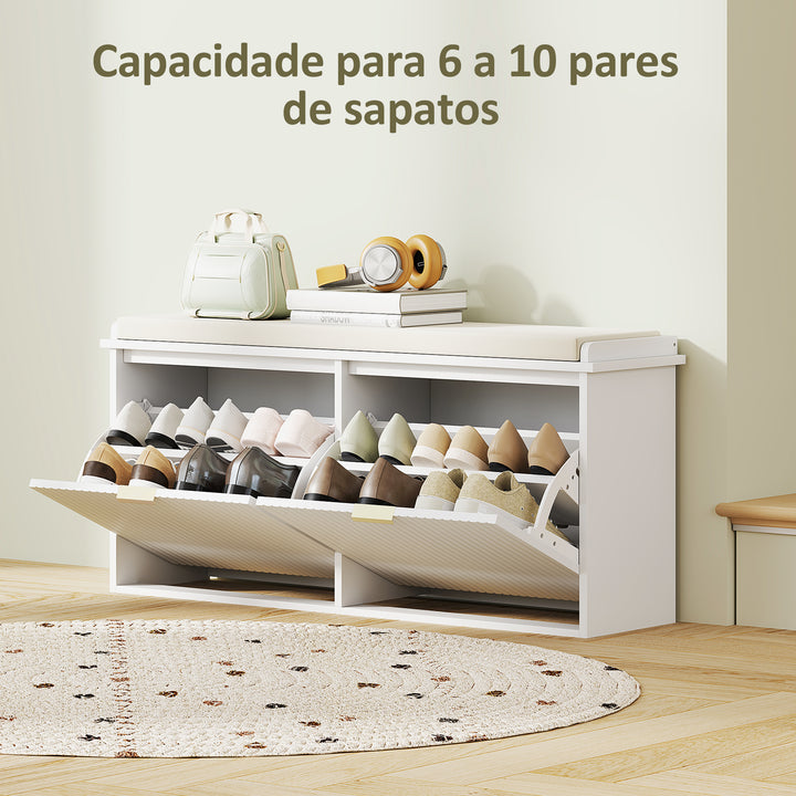 Banco Sapateira Móvel Sapateira Estreito Banco de Entrada com Assento Estofado 2 Caixas Rebatível e Painel de Ripas para Entrada Quarto Sala de Estar 104x26x47,5 cm Branco