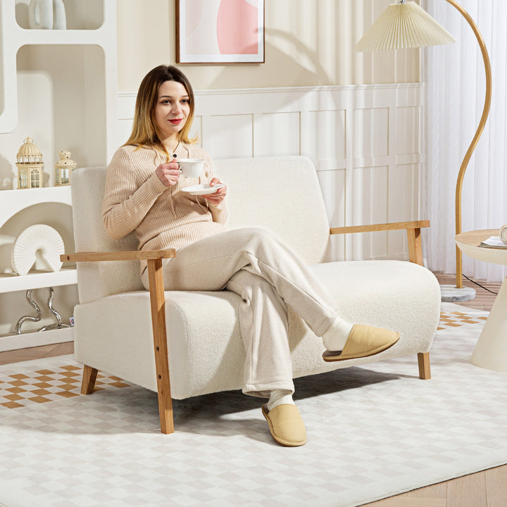 Sofá de 2 Lugares Estofado em Borreguito Sofá de Sala de Estar de 118 cm com Acolchoado Espesso Apoios de Braço e Pés de Madeira para Quarto Sala de Estar 118x76x78 cm Creme