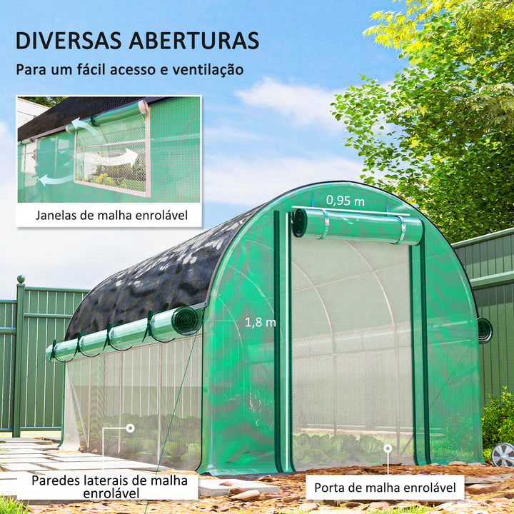 Estufa Tipo Túnel 447x200x198 cm Estufa de Exterior com Paredes Laterais Enroláveis Cobertura Extra 8 Janelas de Malha e 2 Portas Enroláveis Estufa de Jardim Pátio Verde