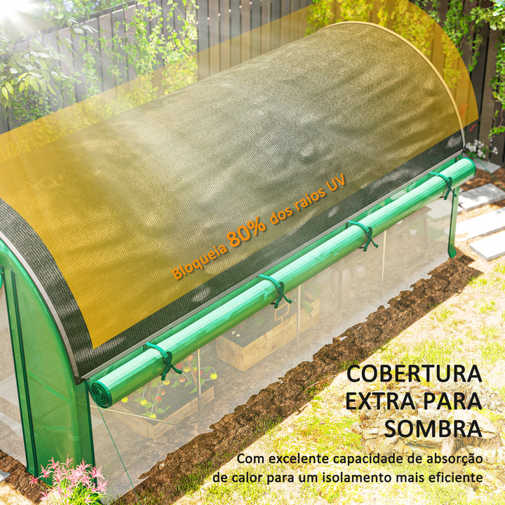 Estufa Tipo Túnel 447x200x198 cm Estufa de Exterior com Paredes Laterais Enroláveis Cobertura Extra 8 Janelas de Malha e 2 Portas Enroláveis Estufa de Jardim Pátio Verde