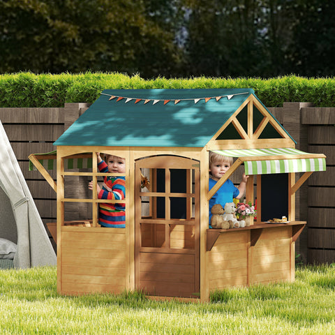 Casinha Infantil de Madeira Dobrável Casinha de Brincar de Jardim Infantil com 2 Ardósias Janelas e Toldos Casinha de Madeira para Crianças a partir dos 3 Anos 173x117x144 cm Madeira