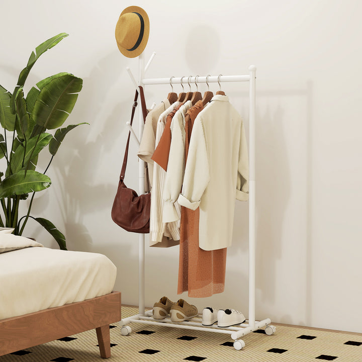 Charriot com Rodas Charriot com 5 Ganchos Barra para Pendurar e Prateleira Inferior Charriot para Dormitório Lavandaria 68x43x171 cm Branco