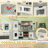 Cozinha de Madeira para Crianças acima de 3 Anos Cozinha de Brincar Infantil com Sons Fogão Forno Lavatório Micro-Ondas Máquina de Gelo e Acessórios 110x80x91 cm Cinza