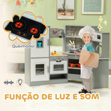 Cozinha de Madeira para Crianças acima de 3 Anos Cozinha de Brincar Infantil com Sons Fogão Forno Lavatório Micro-Ondas Máquina de Gelo e Acessórios 110x80x91 cm Cinza