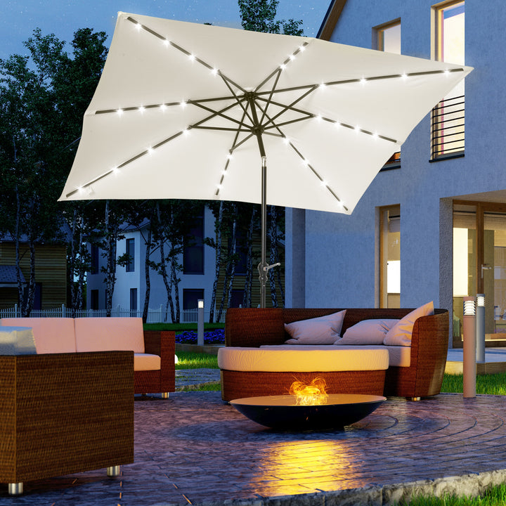 Chapéu de Sol com Luzes LED 268x205x248 cm Chapéu de Sol de Jardim Inclinável até 45° Anti-UV e Abertura a Manivela para Pátio Varanda Creme