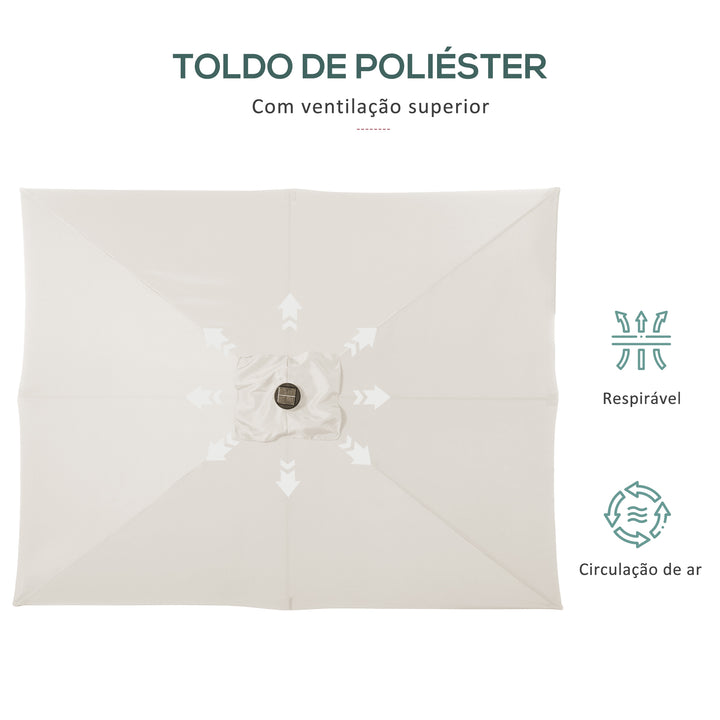 Chapéu de Sol com Luzes LED 268x205x248 cm Chapéu de Sol de Jardim Inclinável até 45° Anti-UV e Abertura a Manivela para Pátio Varanda Creme