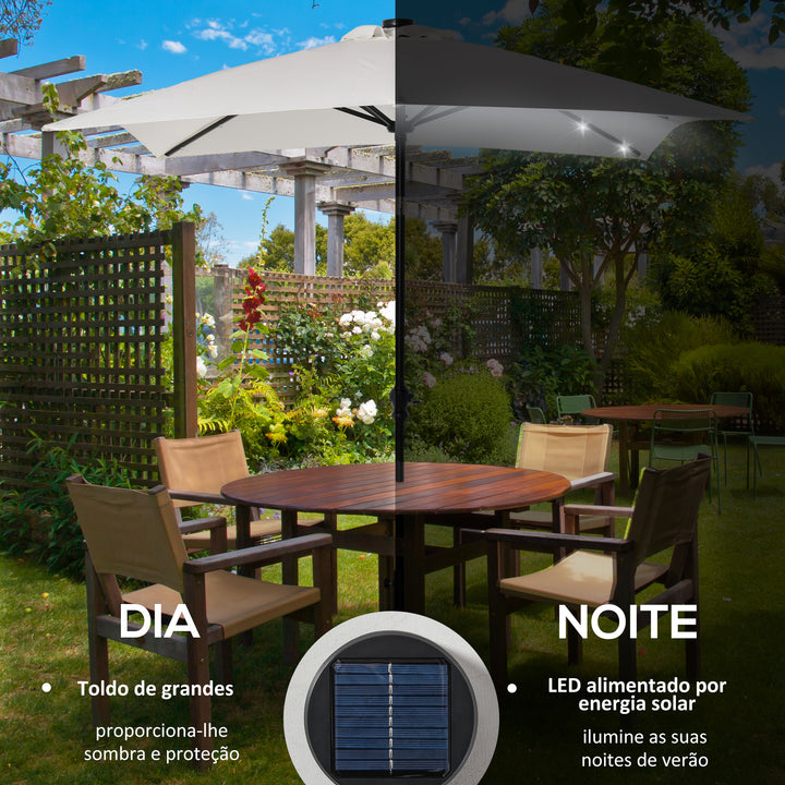 Chapéu de Sol com Luzes LED 268x205x248 cm Chapéu de Sol de Jardim Inclinável até 45° Anti-UV e Abertura a Manivela para Pátio Varanda Creme