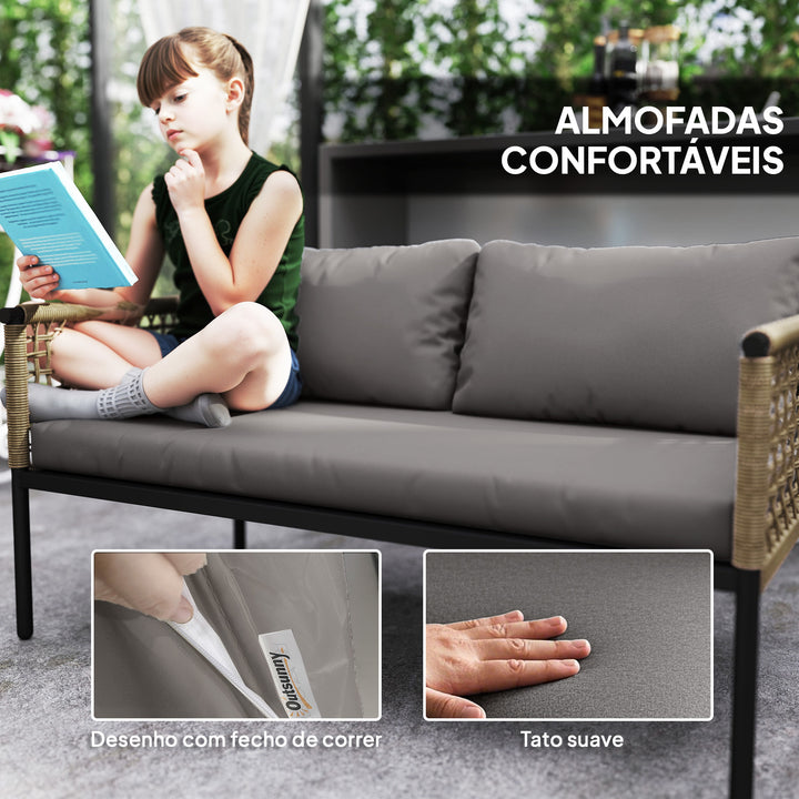 Conjunto de Jardim de Vime Sintético de 4 Peças Móveis de Exterior Inclui 1 Sofá Duplo 2 Cadeiras e Mesa de Centro com Almofadas Madeira e Cinzento