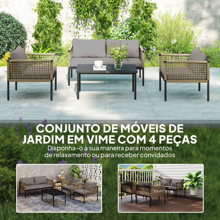 Conjunto de Jardim de Vime Sintético de 4 Peças Móveis de Exterior Inclui 1 Sofá Duplo 2 Cadeiras e Mesa de Centro com Almofadas Madeira e Cinzento