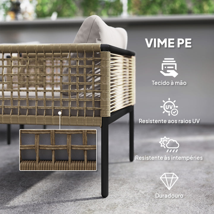 Conjunto de Jardim de Vime Sintético de 4 Peças Móveis de Exterior Inclui 1 Sofá Duplo 2 Cadeiras e Mesa de Centro com Almofadas Madeira e Cinzento